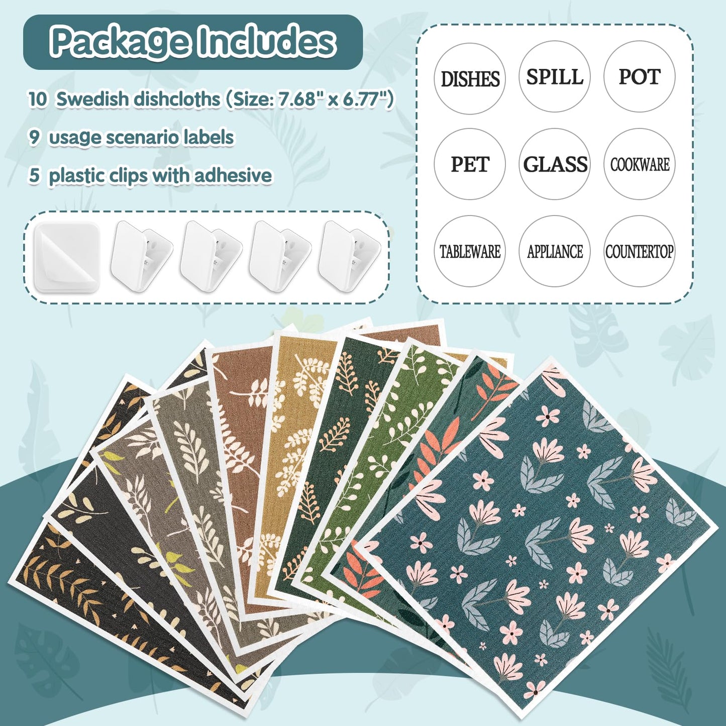 10 Pack Swedish Dishcloths Reusable- Cellulose Cotton Swedish Dish Towels Washable Kitchen Cloths with Hanging Clips, Reusable Paper Towels No Odor for Cleaning Dishes Home Decorative
