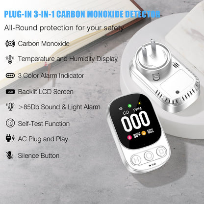 YOJOCK Carbon Monoxide Detector Plug in Wall, 3-in-1 CO Detector with Temperature & Humidity Reference Display, Compact Monitor for Home, RV & Travel