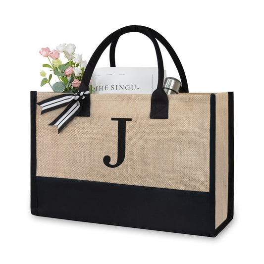 TOPDesign Personalized Initial Canvas Beach Bag, Monogrammed Gift Tote Bag for Women, Black & Brown, 17" x 11.8" x 7.8", J