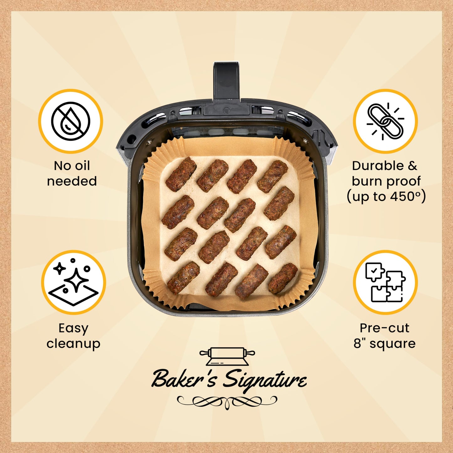 Air Fryer Liners, 250Pcs Disposable Parchment Paper Liners – Unbleached Baking Air Fryer Sheets – 8” Square for 5-8 qt Baskets – Great for Oven, Pans & Baking – Easy Cleanup by Baker's Signature