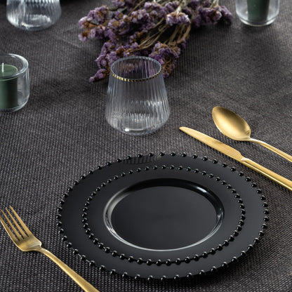 PLASTICPRO 32 Piece Combo Plastic Dinner Plates Disposable Plastic Fancy Heavy Duty Party Dishes 7 inch and 10 inch, Black Beaded