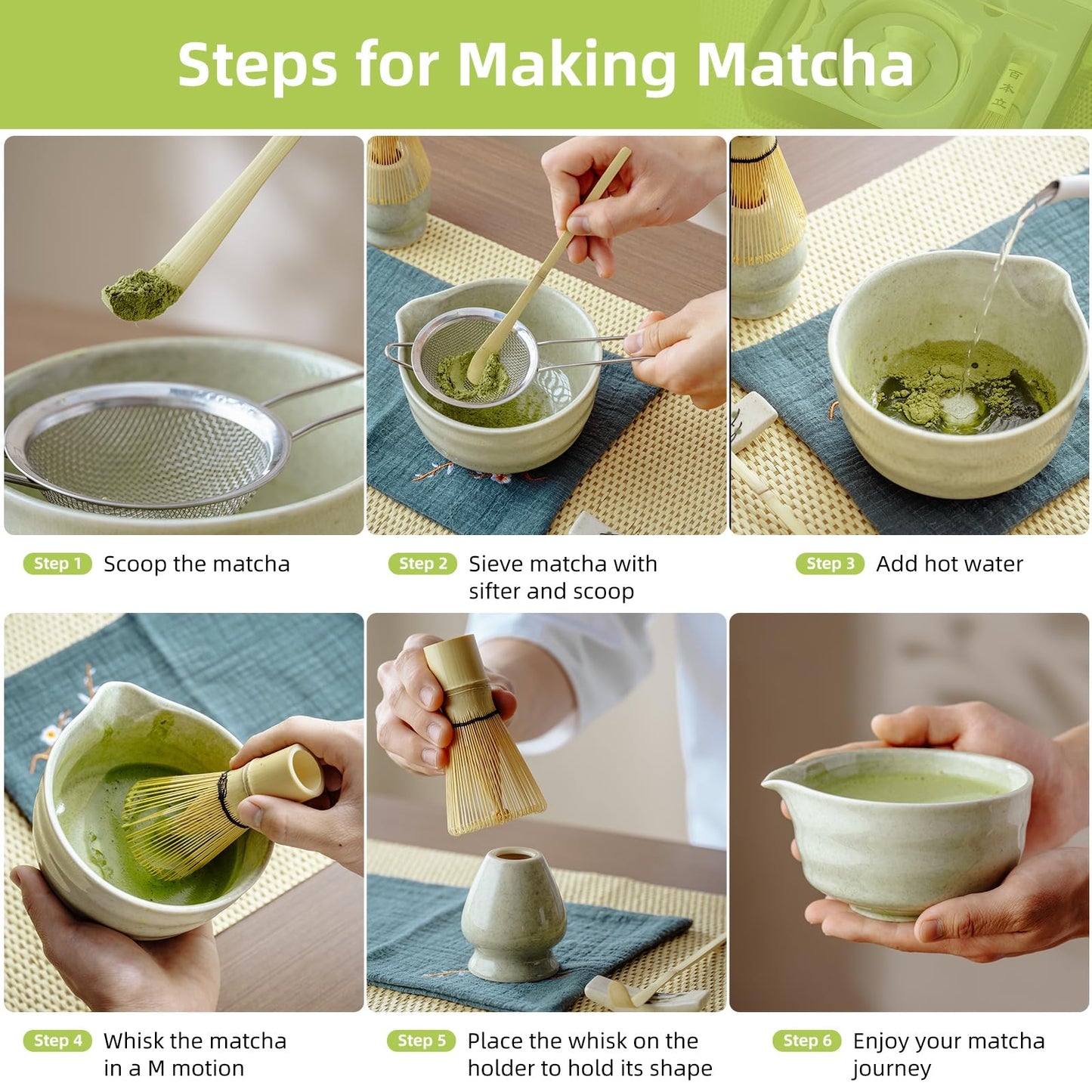 SOOCVWOLF 7 Pcs Matcha Whisk Set, Ceramic Matcha Kit for Tea Ceremony, Matcha Whisk and Bowl, Matcha Tea Set for Making Latte Drinks, Gift for Matcha Lover and Starters(Green)