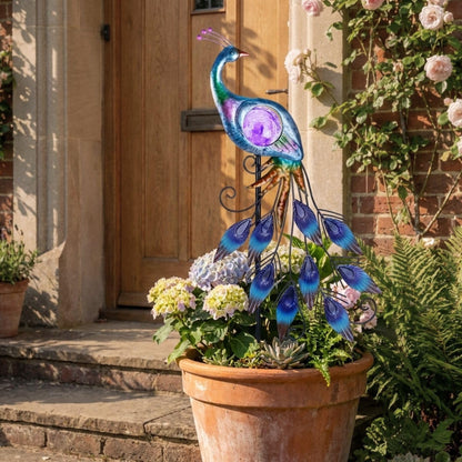 TERESA'S COLLECTIONS Peacock Solar Outdoor Light, 24'' Metal Lawn Ornaments with Crackle Glass Ball, Decorative Stake for Garden Decor
