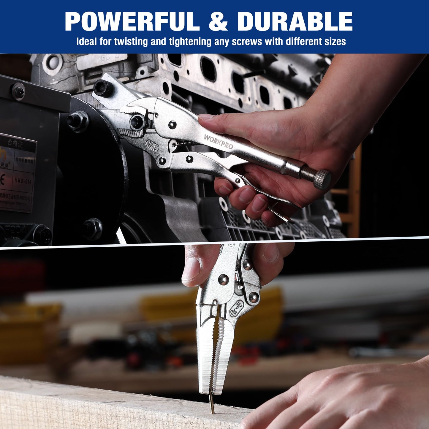 WORKPRO 5-Piece Locking Pliers Set, Pliers Tool Set, Vice Grips with Chrome-Vanadium Steel, 5/7/10 inch Curved Jaw Pliers, 6.5/9 inch Long Nose Pliers