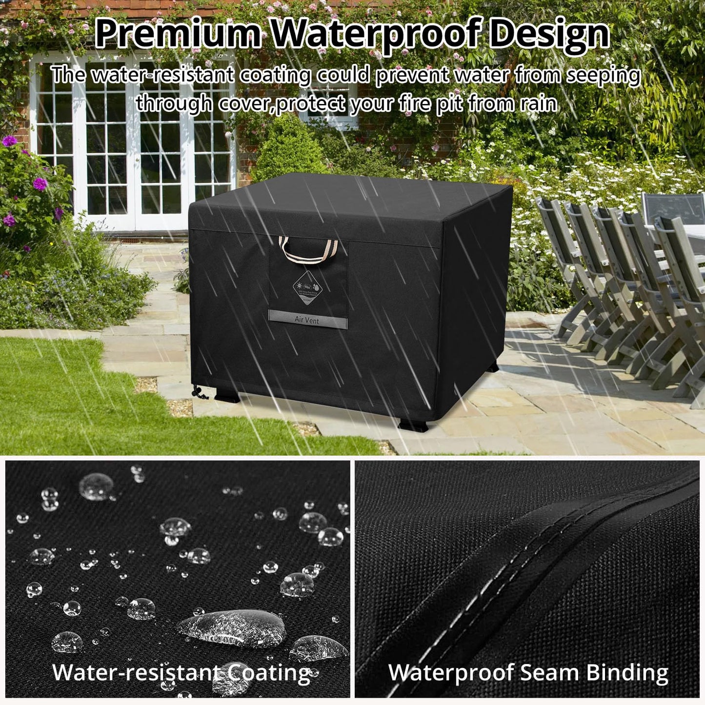 QH.HOME Fire Pit Cover Square Super Waterproof, 30" L x 30" W x 24" H Outdoor Firepit Table Cover 600D Strong Tear Resistant, UPF 50+ Fire Pit Cover Fading Resistant for Square Fire Pit - Black
