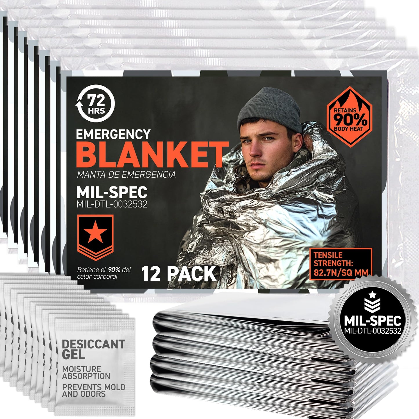 72 HRS (Pack of 12) MIL-SPEC 137 × 224 cm Emergency Blanket-Mylar Blanket, Thermal Blanket Emergency, Waterproof, Retains 90% Body Heat for Winter Camping, Hiking, First Aid, Extreme Weather