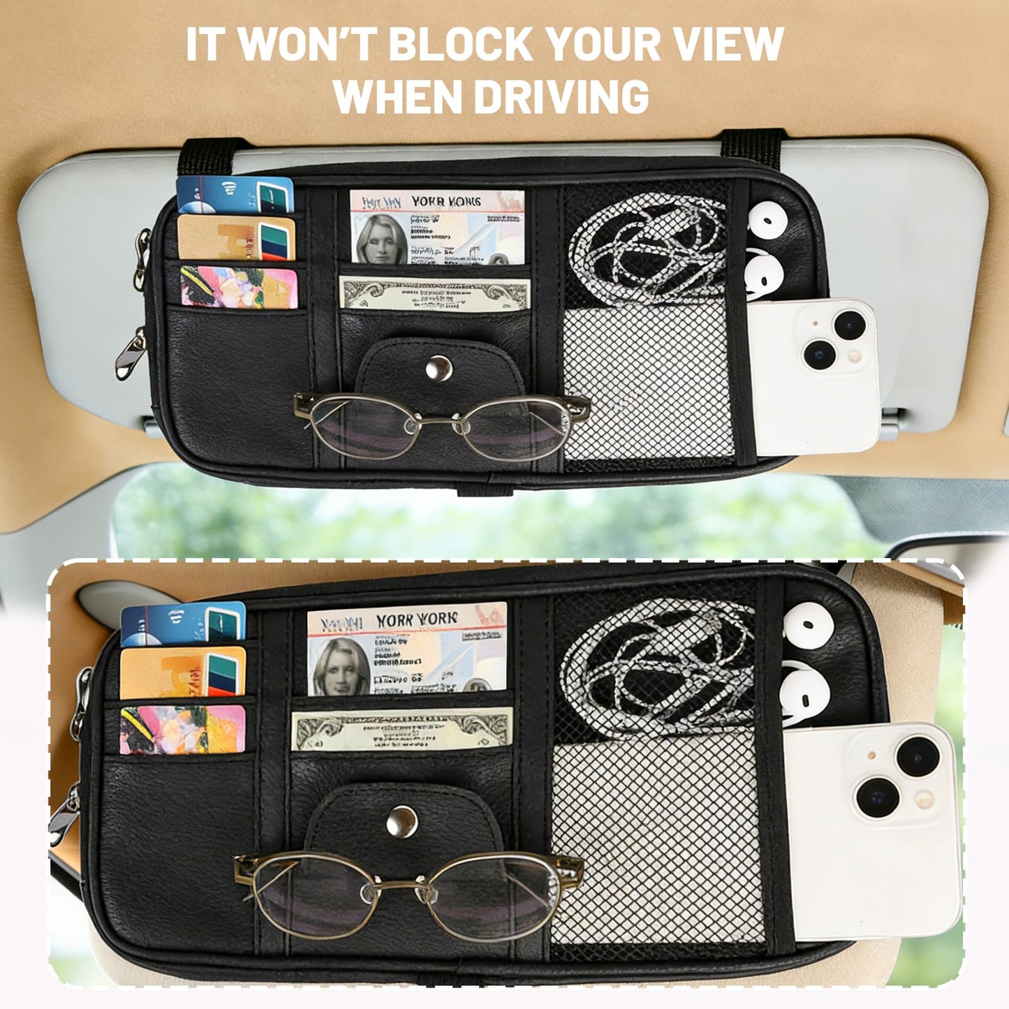 Yuan & Chuang Car Visor Organizer, Sun Visor Storage Pouch with Zipper, Lightweight Car Organizer for Cards, Glasses and Documents, PU Leather, Road Trip Essentials, Fits Most Vehicles, Black (1 Pack)