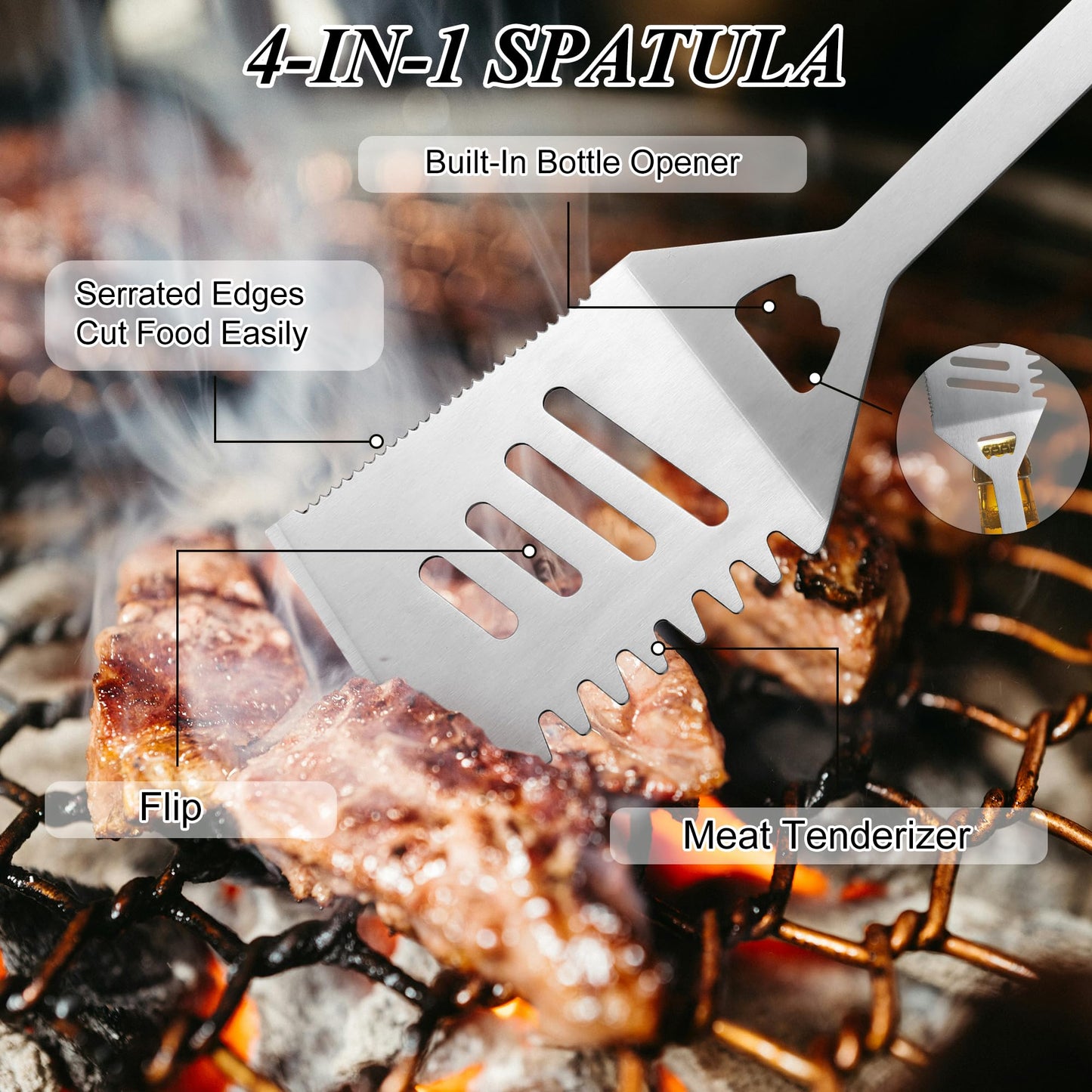 BBQ Accessories Grill Tools, Heavy Duty Grilling Accessories Barbecue Accessories Stainless Steel Grill Accessories with Spatula,Fork,Tongs,Brush and Gift-Box for Outdoor Grill, Home Grill (4PCS)