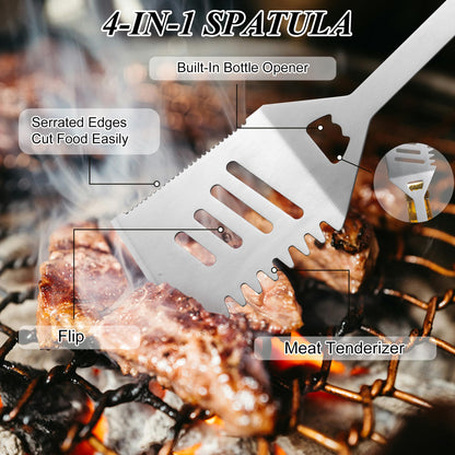 BBQ Accessories Grill Tools, Heavy Duty Grilling Accessories Barbecue Accessories Stainless Steel Grill Accessories with Spatula,Fork,Tongs,Brush and Gift-Box for Outdoor Grill, Home Grill (4PCS)