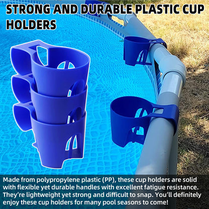 (6-Pack) Poolside Cup Holders for Above Ground Pools (Blue) - Compatible with Above Ground Pools with 2 Inches or Thinner Round Top Bars - Strong and Durable Easy to Use Clip-On No-Spill Cup Holders
