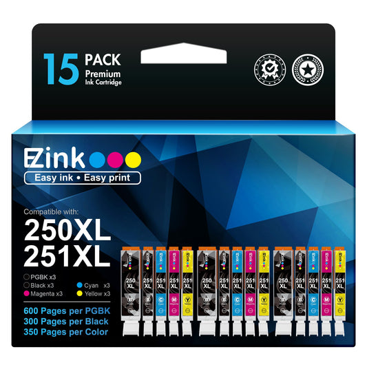 15 Pack E-Z Ink (TM Compatible Ink Cartridges Replacement for Canon 250 251 XL PGI-250XL CLI-251XL to use with PIXMA MX922 MX920 IX6820 MG5520 MG7520 IP8720 MG6620 MG6320 MG7120 Printer