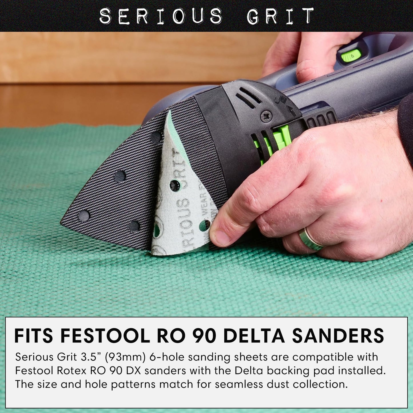 Serious Grit - 3.5" (93mm) 6-Hole 220 Grit Triangle Sanding Sheets - Fits Festool Rotex RO 90 Delta - Heavy-Duty Hook & Loop Film Disc Abrasives - Sandpaper for Detail Sanders - 50 Pack Box
