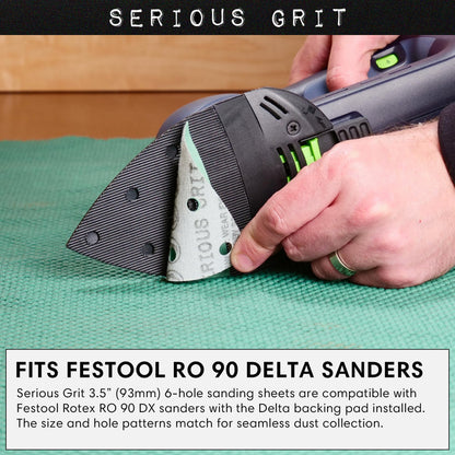 Serious Grit - 3.5" (93mm) 6-Hole 220 Grit Triangle Sanding Sheets - Fits Festool Rotex RO 90 Delta - Heavy-Duty Hook & Loop Film Disc Abrasives - Sandpaper for Detail Sanders - 50 Pack Box