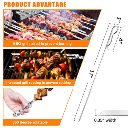 Barbecue Skewer, BearMoo 17” Stainless Steel Shish Kabob Skewers – 0.35” Width Flat BBQ Metal Skewers for Grilling (Set of 6 Skewers + 2 Grill Racks + 1 Handy Storage)