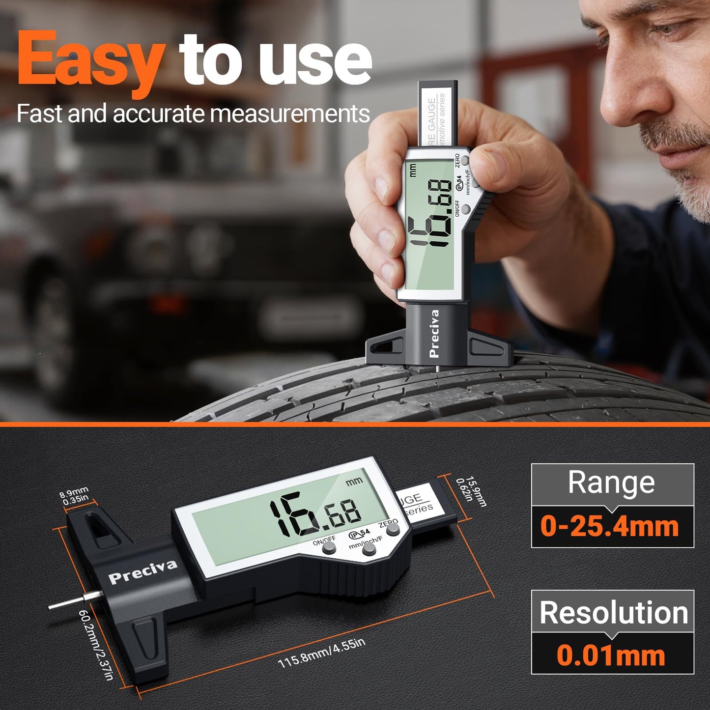 Preciva Tire Tread Depth Gauge & Brake Lining Gauge Set, with Large LCD Display and Inches, Millimeters, Fraction Conversion, for Tread, Brake Shoe and Pad Wear