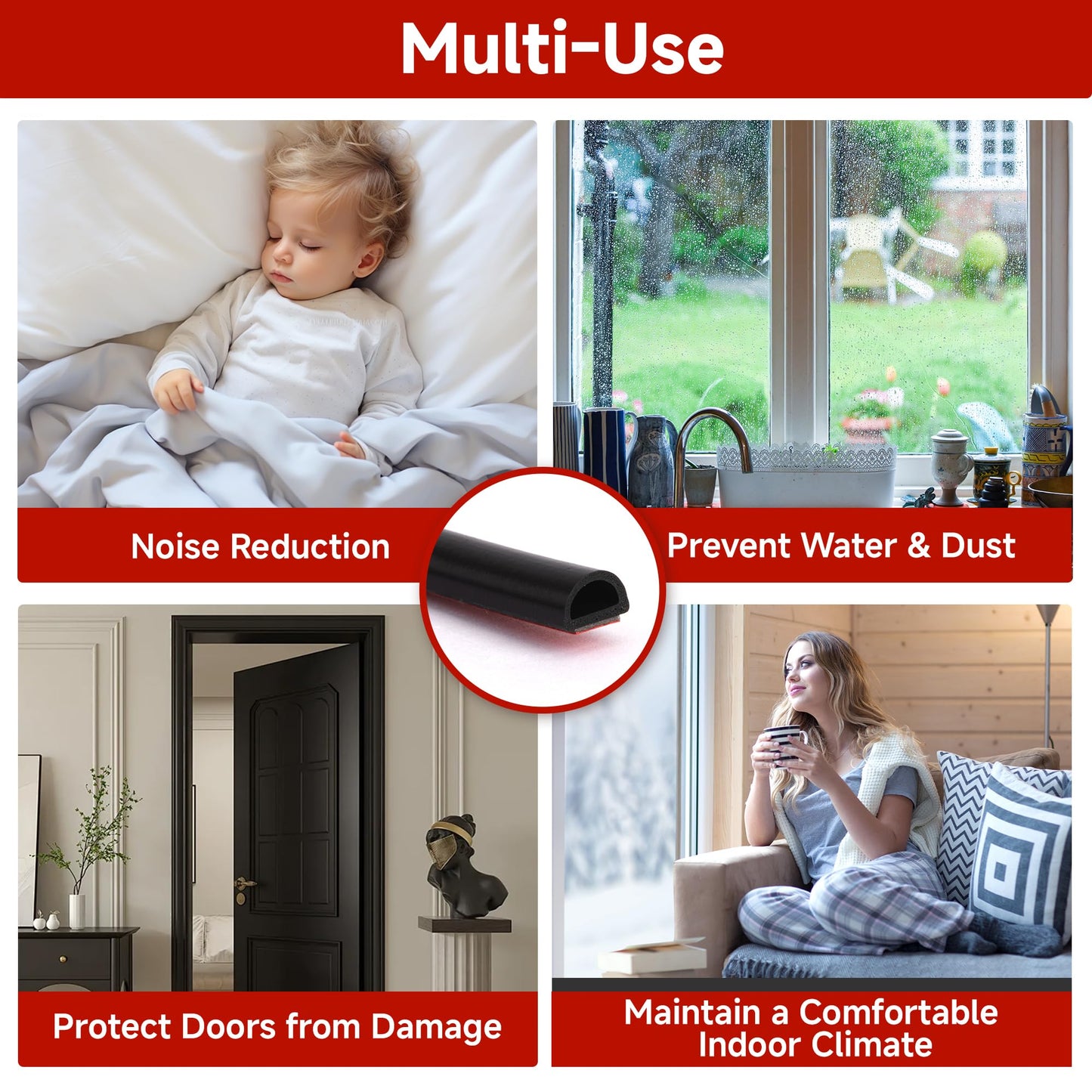 T-Language D-Shaped Silicone Weather Stripping Self-Adhesive Door & Window Seal Strip | Waterproof, Durable Gasket for Doors, Windows, Frames(9mm W × 6mm T) 12M