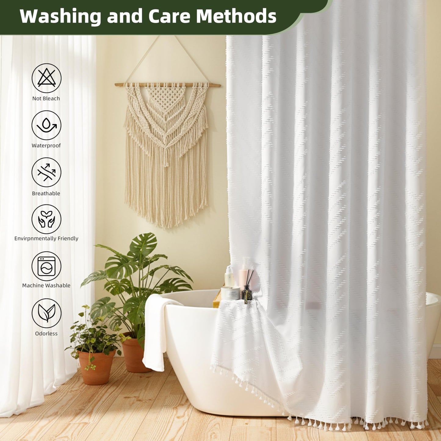 Boho Shower Curtain White Tassel Woven Fabric Shower Curtain Modern Farmhouse Textured Tufted Chevron Striped Minimalist Bathroom Hotel 72 x 72 White