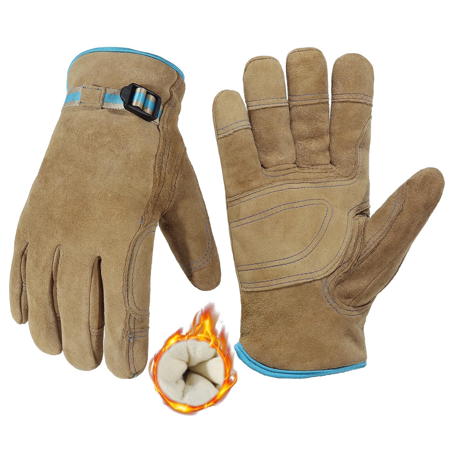 HANDLANDY Winter Work Gloves for Men Women, Water Repellent Cold Weather Insulated Genuine Leather Work Gloves (Coffee, Medium)