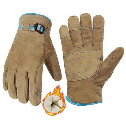 HANDLANDY Winter Work Gloves for Men Women, Water Repellent Cold Weather Insulated Genuine Leather Work Gloves (Coffee, Medium)