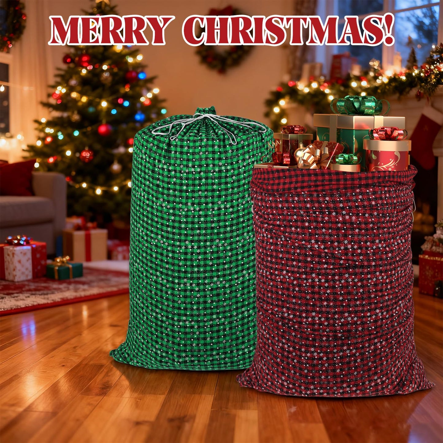 2PCS 47"×32" Jumbo Christmas Drawstring Gift Bags Extra Large Cotton Christmas Buffalo Plaid Drawstring Gift Bags Santa Sack with Drawstring for Xmas Huge Gifts Giving and Christmas Party Decor