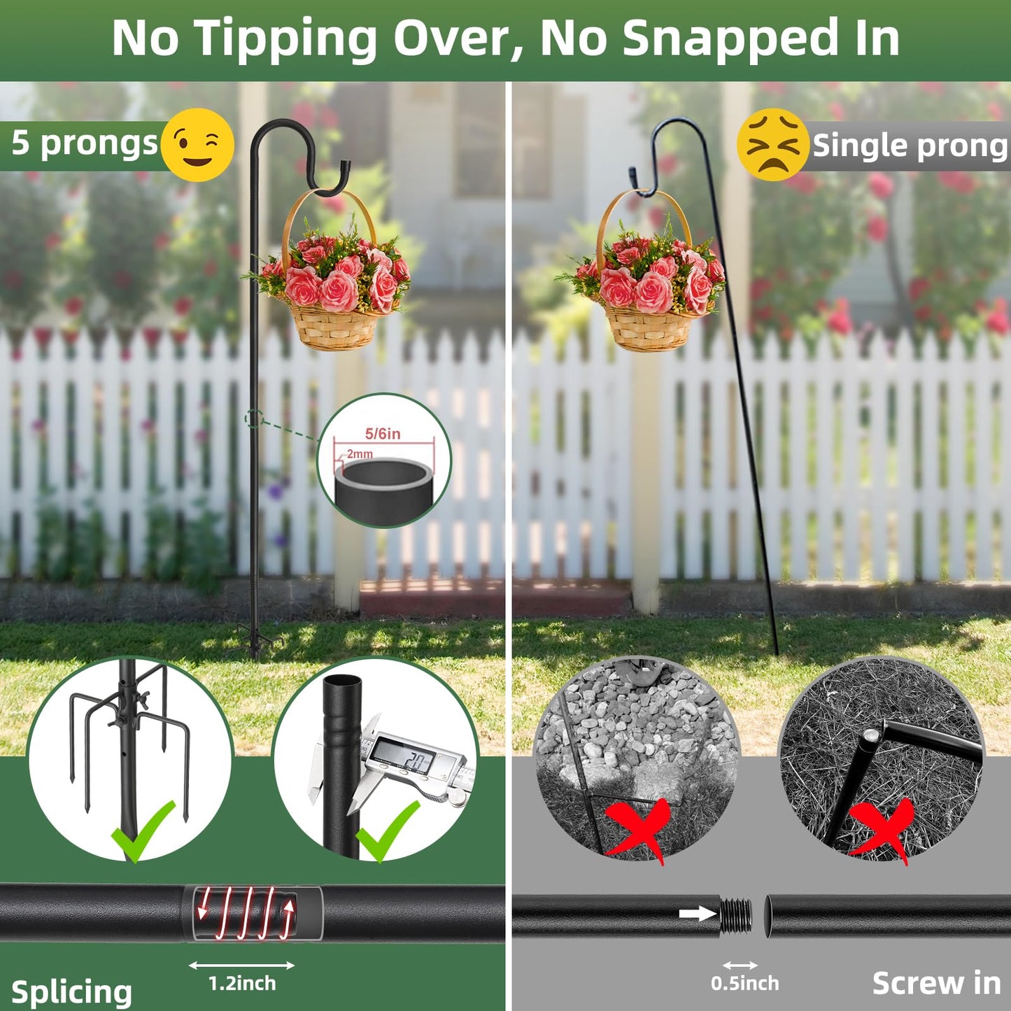 Shepherd Hooks for Outdoor - 78 Inch High, 5/6 Inch Rod Diameter, 5 Prong Base Adjustable Shepherd Hooks, Heavy Duty Feeder Pole for Hanging Flower Baskets Lantern Lights Wind Chime