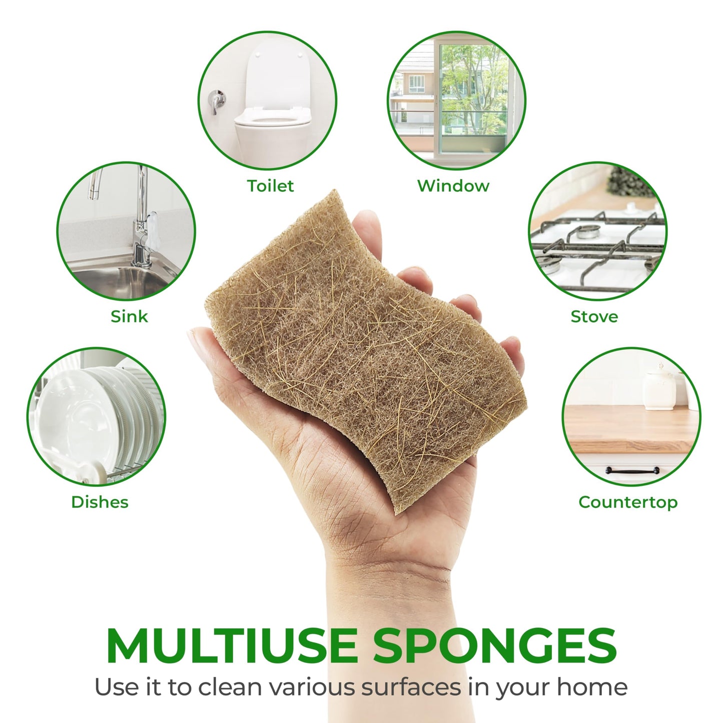AIRNEX 12 Pack Biodegradable Natural Kitchen Sponges - Eco Friendly Cellulose and Coconut Dish Scrubbers - Non Scratch, Odourless Dual Sided Multipurpose Sponges