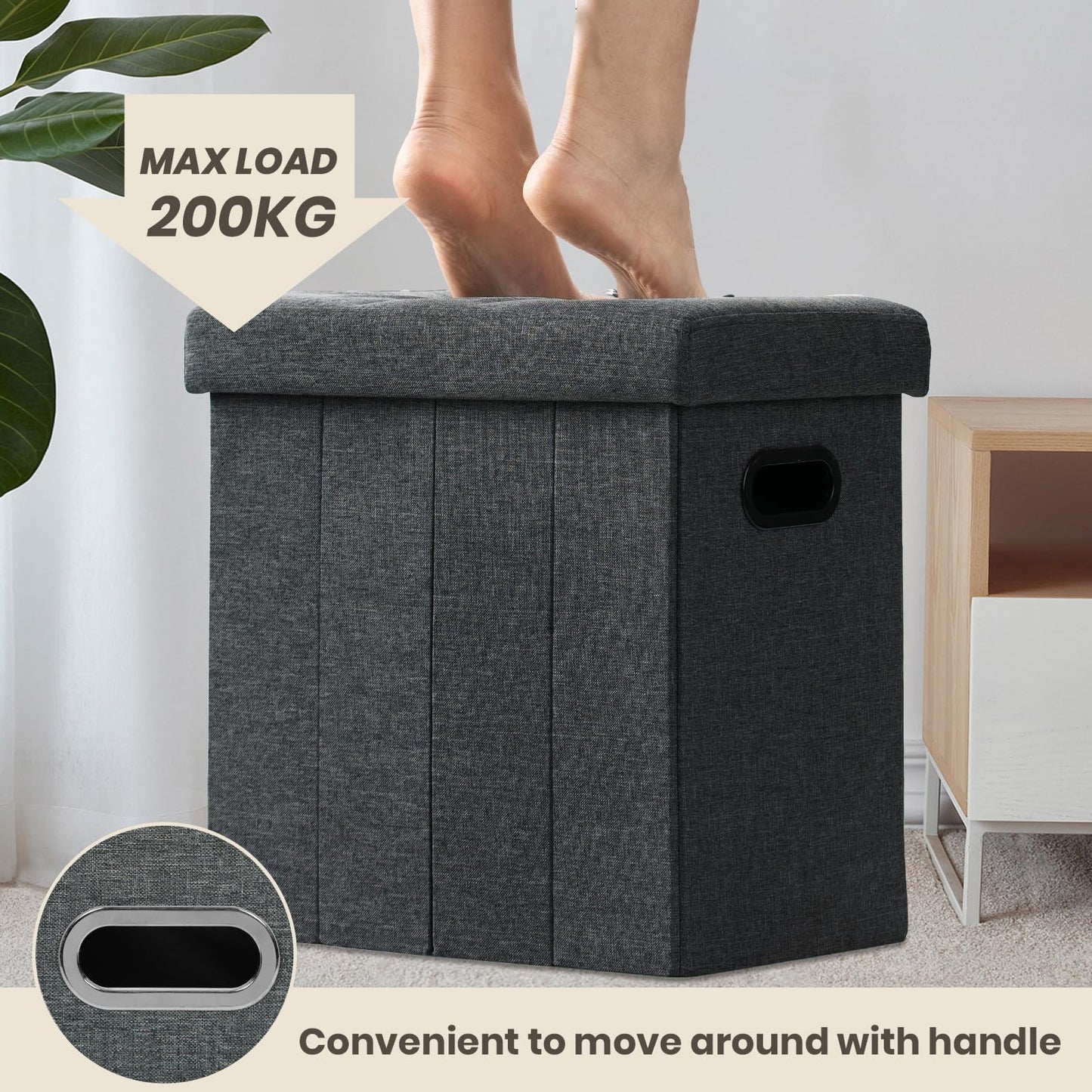 COSYLAND Tall Ottoman with Storage - 42x27x42 CM Slim Ottoman Footrest Foot Stool, Folding Small Ottoman Bench Seat with Handles and Lid for Narrow Space Beside The Sofa/Coffee Table (Black Gray)