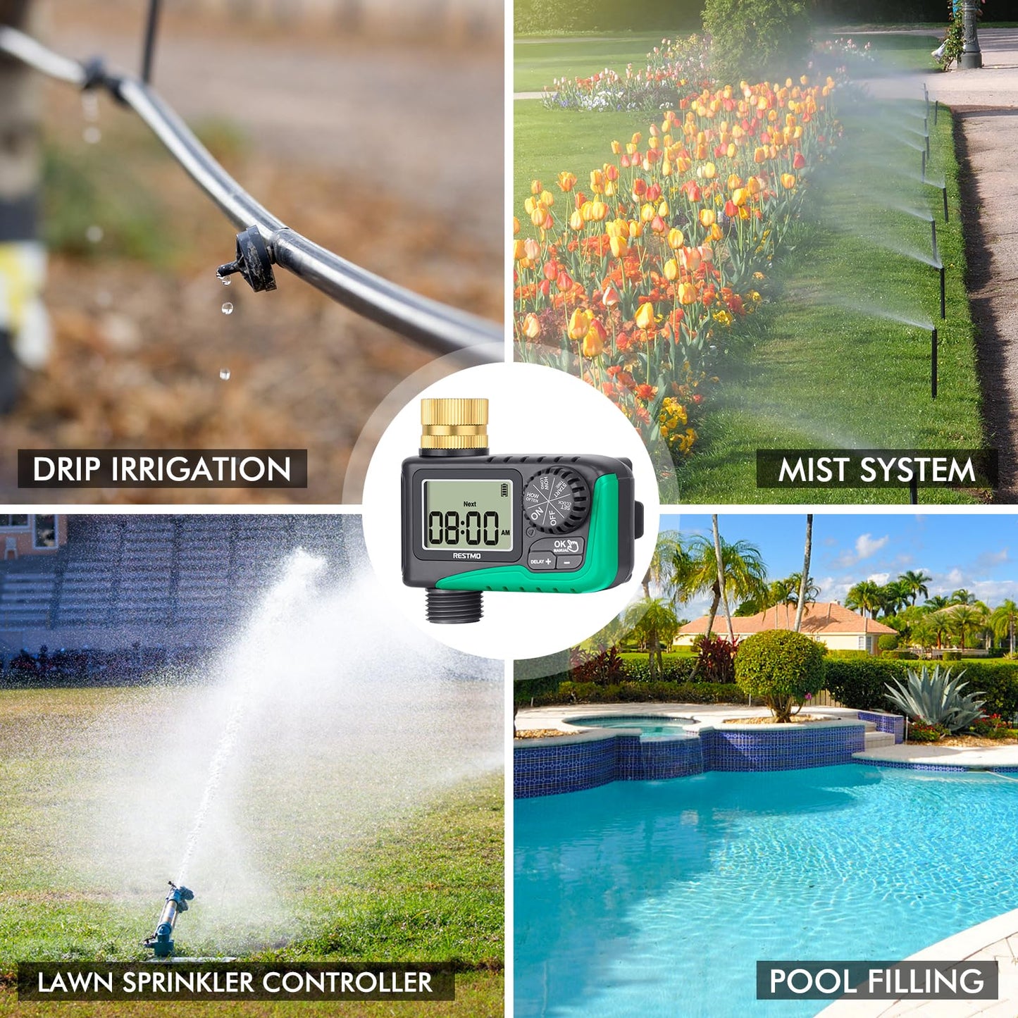 RESTMO Water Timer with Brass Inlet, Programmable Sprinkler Timer for Garden Hose, Automatic Digital Control | Manual ON/Off | Rain Delay, for Outdoor Faucet, Drip Irrigation and Lawn Watering System