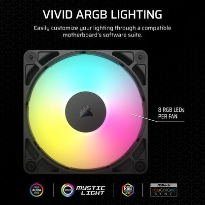 CORSAIR RS120 ARGB 120mm PWM Fan – Daisy-Chain Connection – Low-Noise – Magnetic Dome Bearing – Single Pack – Black