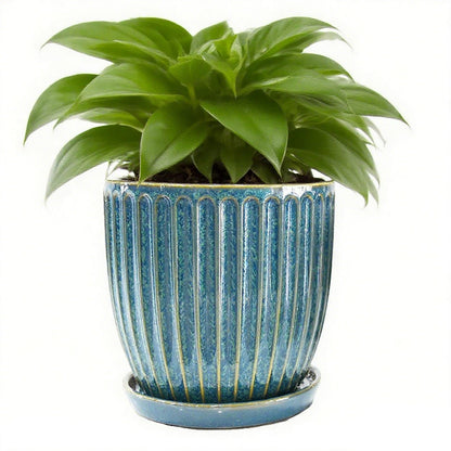 6 Inch Ceramic Plant Pots with Drain Hole & Saucer, Ceramic Pots for Indoor Plants - Succulent, Snake Plant, Money Tree, Aloe Vera, Basil Planter（Glaze Blue）