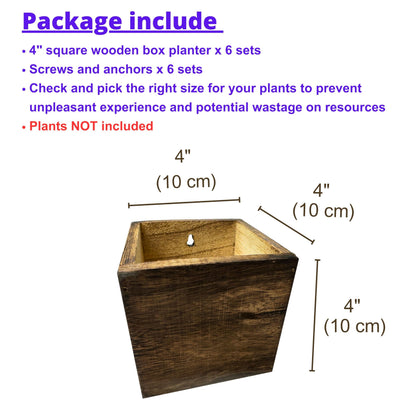 LaLaGreen Wood Planter Box for Plants (4x4 Inch, 6 Pack) Small Square Wooden Wall Planters for Indoor Plant, Hanging Window Flower Boxes Herb Planter Table Centerpiece Modern Home Garden Office Decor