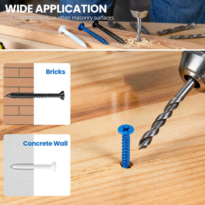100PCS Concrete Screws Assortment Kit, Flat Head 3/16" Masonry Screws with Drill Bit and Driver Bit for Masonry