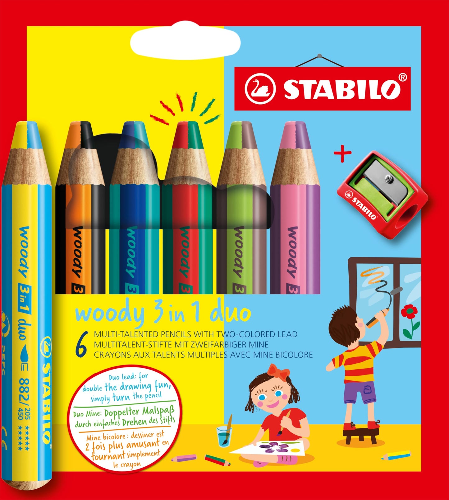 STABILO Multi-Talented Pencil woody 3 in 1 duo - Pack of 6 - Assorted Colors with Sharpener