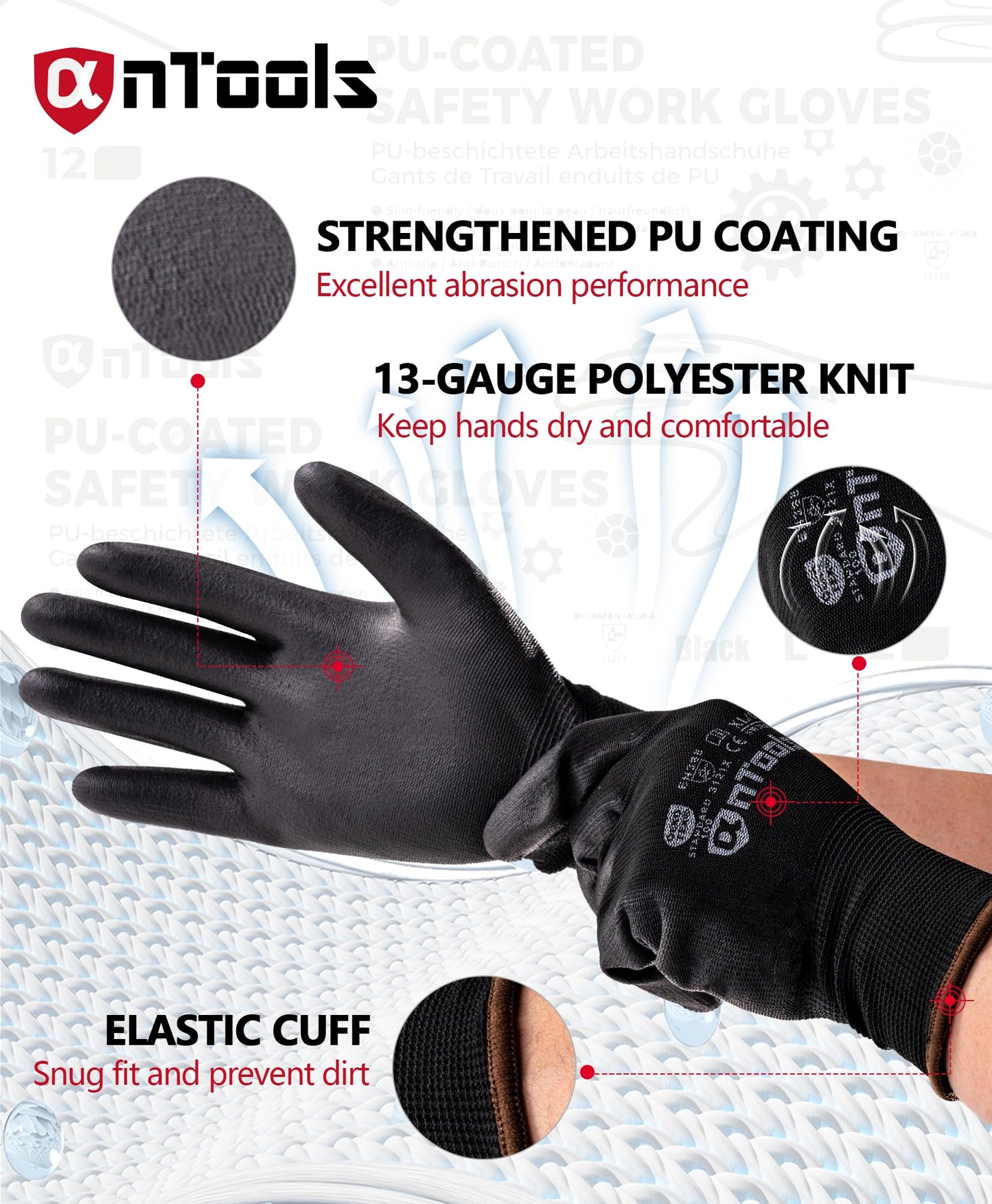 AnTools 12 Pairs Skin-Friendly PU-coated Work Gloves, Seamless Knit, Lightweight, Flexible, General-Duty Work Gloves for Men and Women, Black, Large