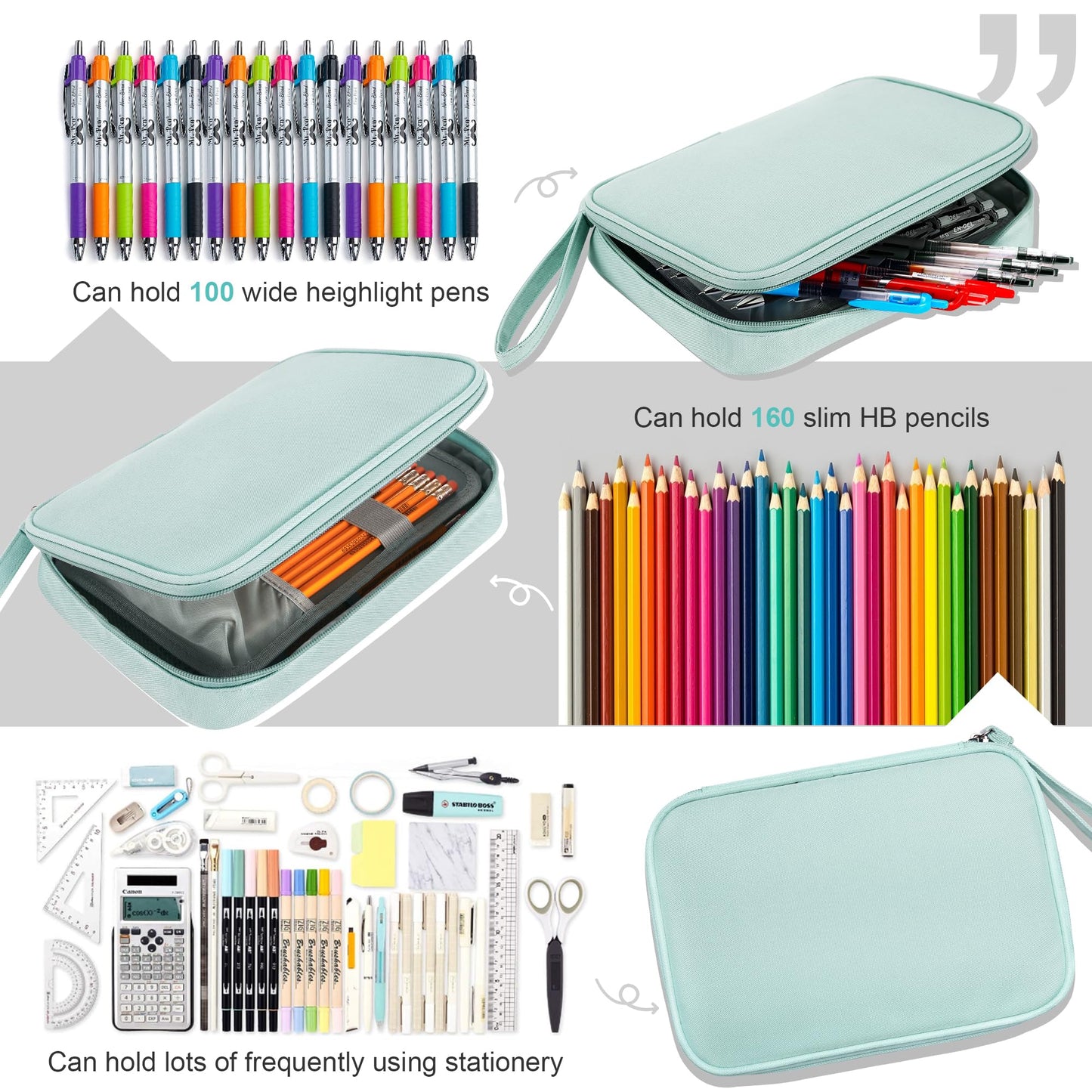 Zannaki Big Capacity Storage Pouch Marker Pen Pencil Case Simple Stationery Bag Holder for Bullet Journal Middle High School Office College Student Girl Women Adult Teen (Mintgreen)