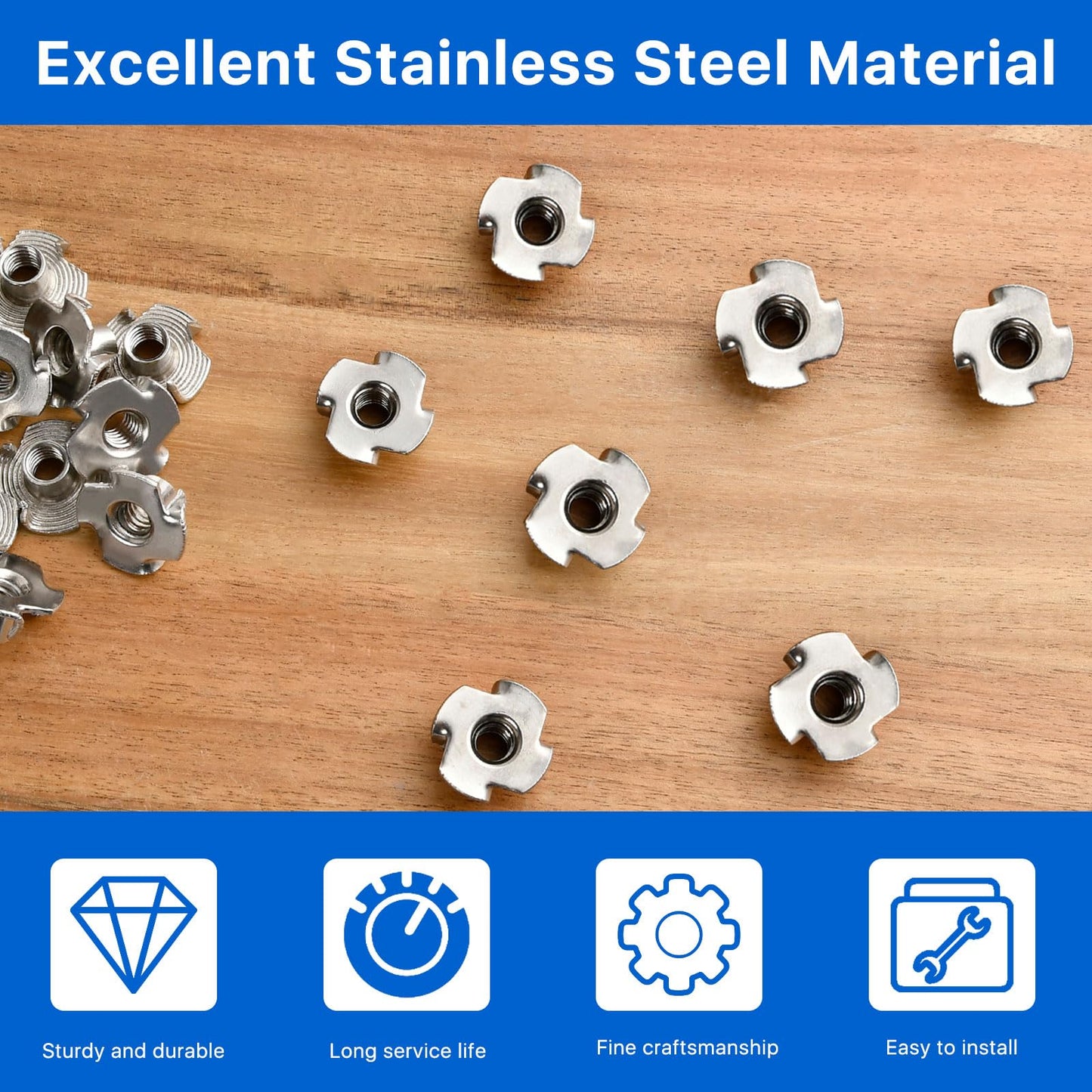 Akamino 100 Pack 1/4"-20 T-nut, 304 Stainless Steel Threaded Insert, 4-Pronged Tee Nut for Wood,Rock Climbing Holds,Cabinetry,Furniture