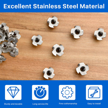 Akamino 100 Pack 1/4"-20 T-nut, 304 Stainless Steel Threaded Insert, 4-Pronged Tee Nut for Wood,Rock Climbing Holds,Cabinetry,Furniture