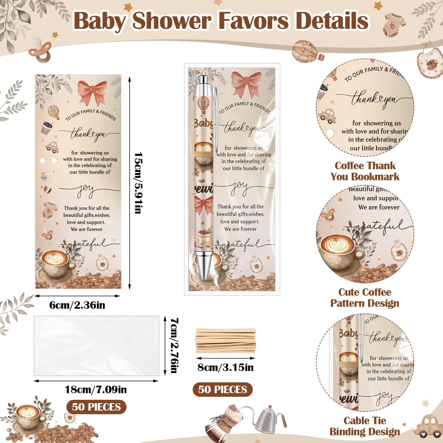 50 Set Coffee Babys Shower Favors for Guests A Baby Is Brewing Coffee Theme Ballpoint Pens Thank You Greeting Cards Baby Shower Gifts for Boy Girl Gender Reveal Party Guest Souvenirs Prizes