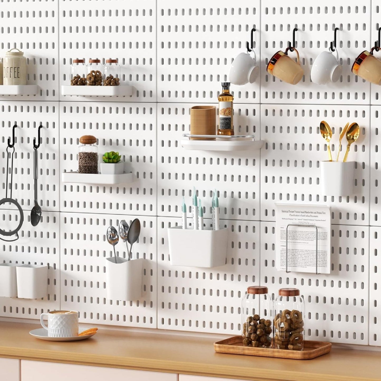 White Plastic Pegboard Organizer Wall Panel, Home Office Kitchen Garage Peg Board Wall Organizer Panels with Hooks Desk Adhesive Pegboards Rack Accessories Kit Display (2 Boards -8 Accessories)