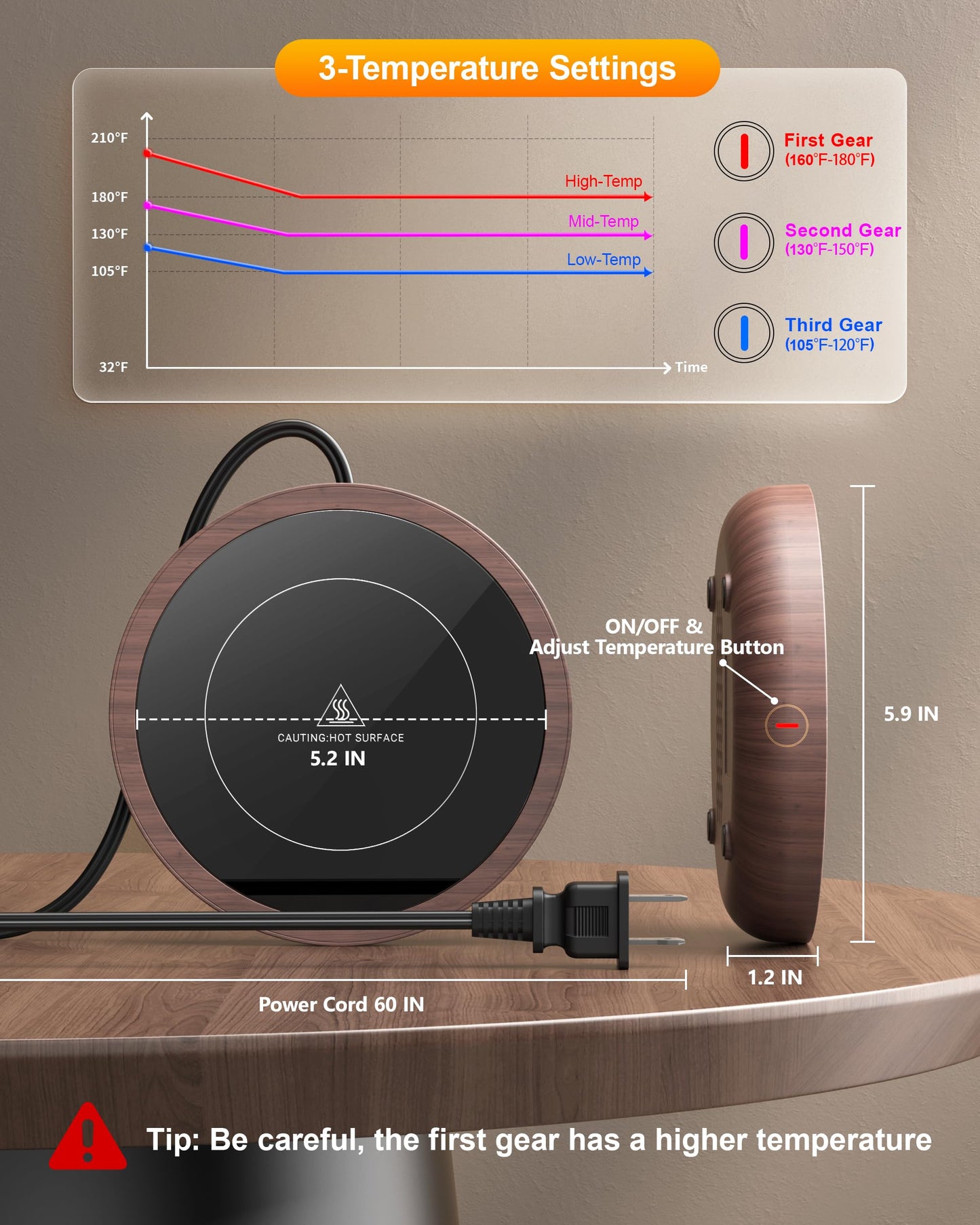 SWEETFULL Coffee Mug Warmer, 36W Electric Cup Warmer for Desk with 3-Temp Settings Advanced Temperature-Controlled Heating Coffee Gifts Accessories for Women Men Milk, Tea, Candle (Wood)