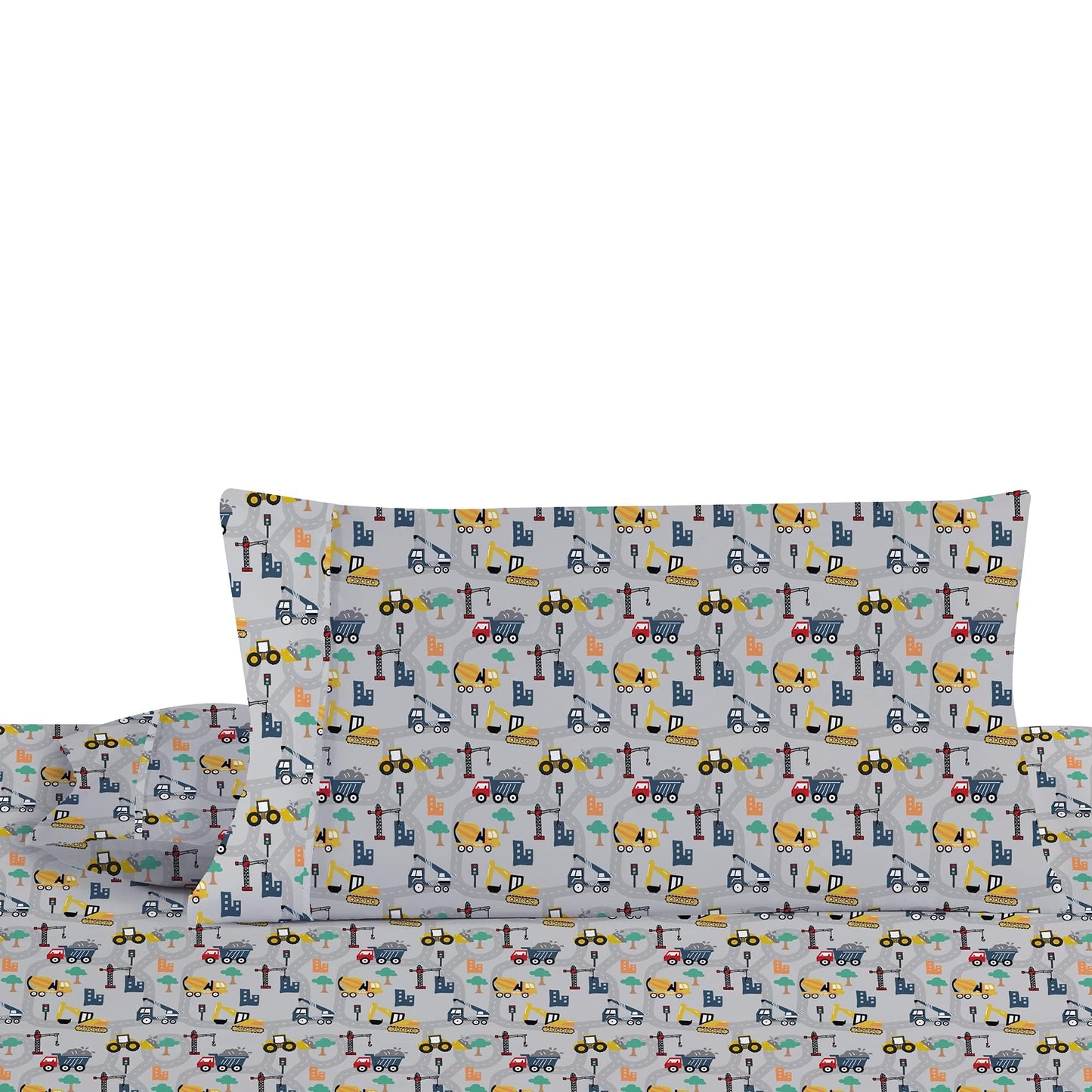 Softan Kids Bed Sheet Set, 3-Piece Twin Sheets Set, Microfiber Fitted Sheet with 15 Inches Deep Pocket and Corner Straps, Breathable & Silky Soft Excavator Pattern Sheet and Pillowcase Sets