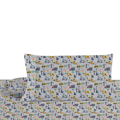 Softan Kids Bed Sheet Set, 3-Piece Twin Sheets Set, Microfiber Fitted Sheet with 15 Inches Deep Pocket and Corner Straps, Breathable & Silky Soft Excavator Pattern Sheet and Pillowcase Sets