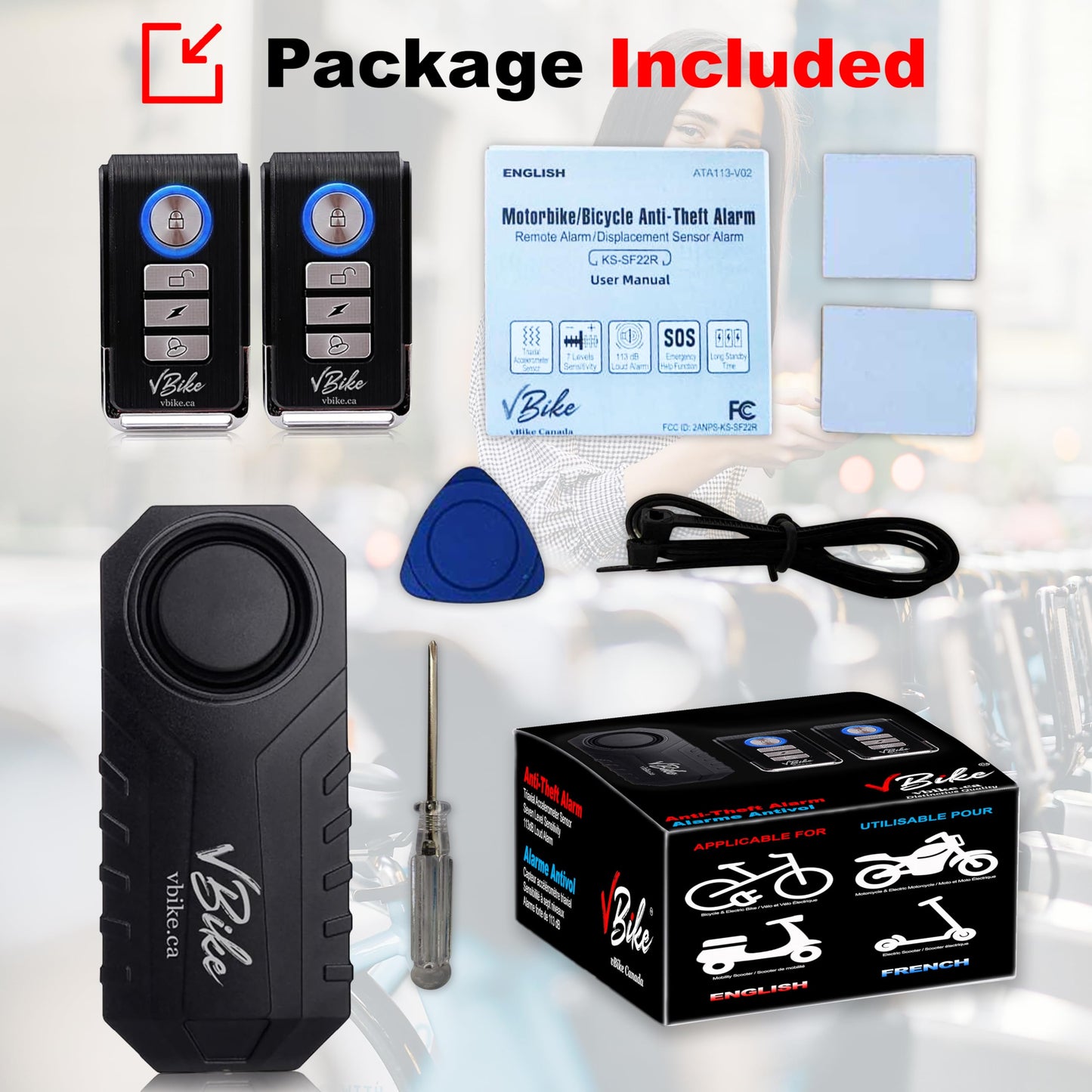 vBike Anti-Theft Alarm System,for eBike, Bike, Motorcycle, and Trailer Wireless with Two Remote Controls, Vibration Motion Sensor, Waterproof, 113dB Loud Alarm with Seven Sensitivity Level