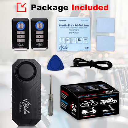 vBike Anti-Theft Alarm System,for eBike, Bike, Motorcycle, and Trailer Wireless with Two Remote Controls, Vibration Motion Sensor, Waterproof, 113dB Loud Alarm with Seven Sensitivity Level