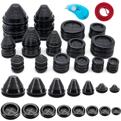 Vrupin 32 Piece Closed Rubber Grommet Firewall Solid Closed Hole Plug Kit, Tower and Round Double Sided Rubber Hole Plugs for Wire Electrical Plumbing Systems.