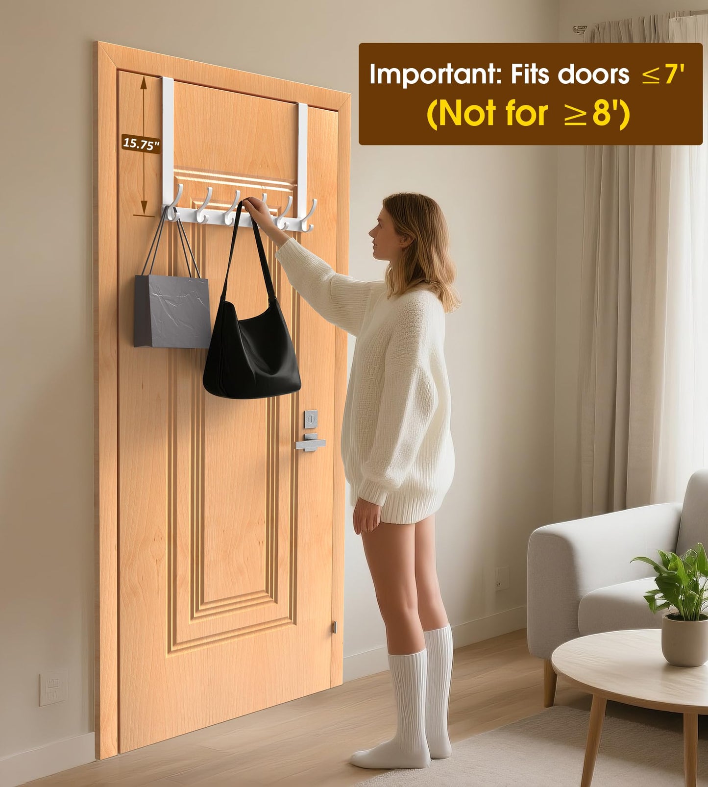 CHAUNCEY HOME Long Over The Door Hooks Hanger with 15.75" Arms for Easier Access by Shorter, Heavy Duty Door Hanger for Coat, F16C, Fits Standard 1 3/8'' Doors, Towel Racks for Bathroom, White