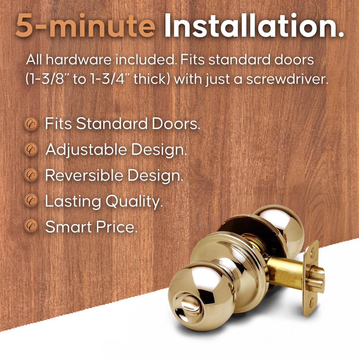 Copper Creek BK2030PB Ball Door Knob, Privacy Function, 1 Pack, Polished Brass