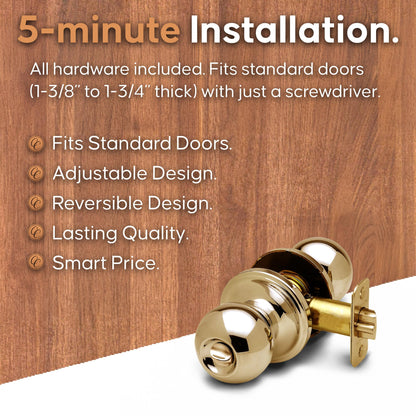 Copper Creek BK2030PB Ball Door Knob, Privacy Function, 1 Pack, Polished Brass