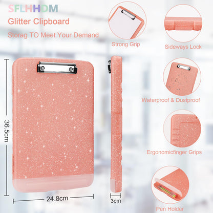 SFLHHDM Glitter Clipboard with Storage,A4 Clip Boards 8.5x11 with Pen Holder,Storage Clipboard with Low Profile Clip,Side Opening Sparkle Clipboards,Clipboards Folder for Office(Pale Pink)