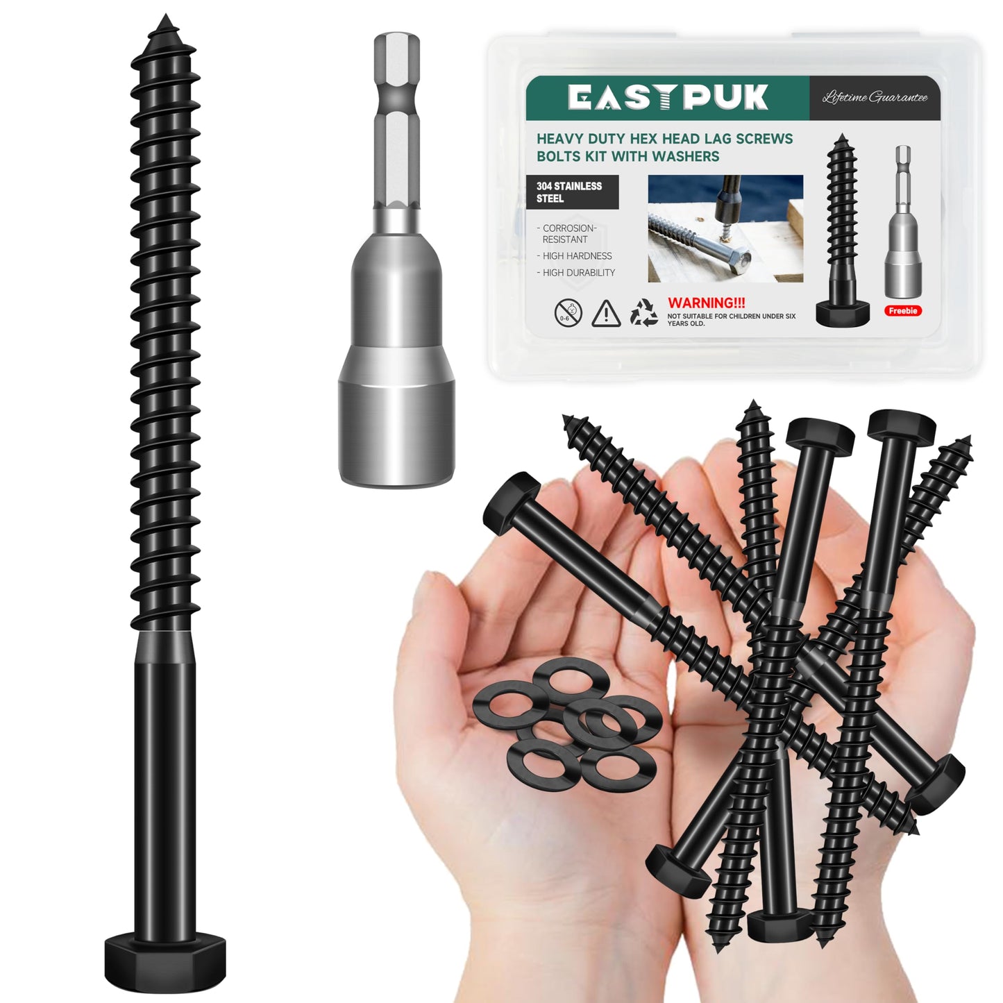 EASTPUK (8Sets) 3/8" x 5" Hex Head Lag Bolts, Heavy Duty Lag Screws with Washers, 304 Stainless Steel, 3/8 Bolt for Wood, Partial Thread, Black Oxide